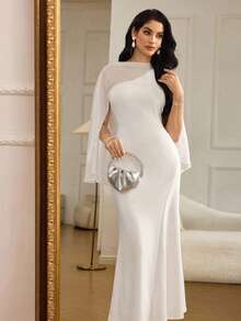 Modelyn Vestido largo ajustado de mujer con patchwork de gasa francesa - Blanco - Ver 7