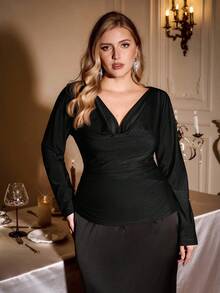 SHEIN Essnce 大码优雅女士连衣裙，派对上衣，红色长袖上衣，优雅翻领女士连衣裙，长袖女士连衣裙，红色上衣，圣诞节，派对女士连衣裙 - 黑色 - 查看 3