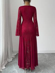 Elenzga Women's Lace Fabric V-Neck Flared Sleeve Waist Fishtail Skirt Trim Dress, Elegant, Dress, Party - Red - View 2