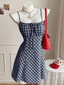 Comfortcana Fashionable Sexy Navy Blue Plaid Mini Dress, Suitable For Women In Spring, Essential For Christmas And New Year, Elegant And Versatile Checkered Dress Picnic Outfit Women Preppy Dress Picnic Dress Blue Gingham Dress