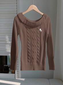 Comfortcana 女士时尚休闲扭结针织露肩长袖毛衣 女士毛衣 棕色毛衣 咖啡棕色上衣 棕色长袖上衣 麻花针织毛衣 女士毛衣 - 棕色 - 查看 6