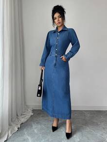 Elenzga 女士休闲水洗长款牛仔连衣裙 - 藍色 - 查看 5