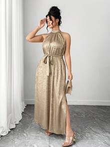 SHEIN Tall CURVE Đầm dáng ôm kiểu Trung Đông thanh lịch, chất liệu vải kim loại, thắt eo, cổ yếm, xẻ tà bên, cỡ lớn, phù hợp cho các buổi đi chơi, tiệc tùng và tụ họp. - Vàng - Xem 5