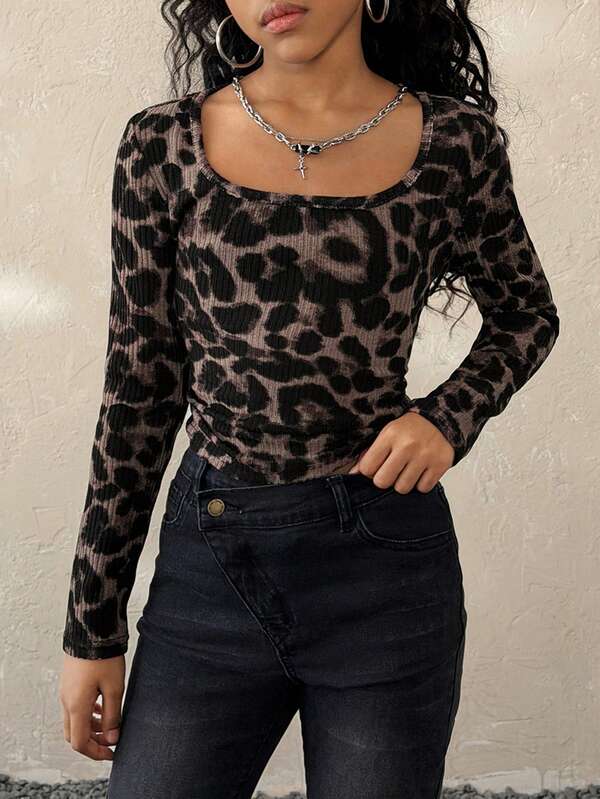 Tween Girls Spring/Summer ,Y2K Streetwear Essentials,Leopard Stretchy Brown Knit  Long Sleeve T-Shirt,Christmas Clothes,Clothes For New Year