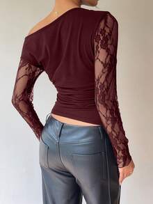 Siren Gaze Autumn/Winter New Lace Collar Slim Fit T-Shirt For Women, Elegant Ladies Top - Burgundy - View 2
