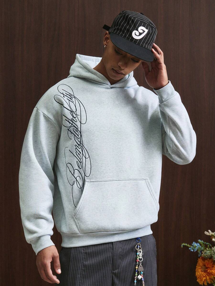 TOKVUE 男士街头风流行INS“This City”撞色刺绣户外音乐节日常休闲卫衣，男友/老公礼物，周年纪念礼物，运动休闲 - 淺灰色 - 查看 1