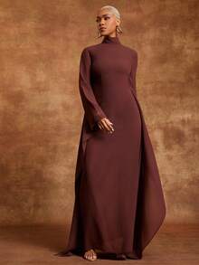 Vixey 棕色雪纺高领蝙蝠袖长袖连衣裙 - 棕色 - 查看 3