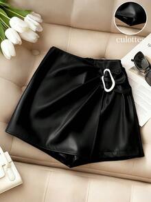 Franclia 女士休闲时尚街头风PU皮短裙，适合毕业典礼、教师节、返校季等场合 - 黑色 - 查看 1