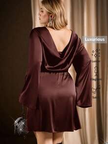 Auralis Backless Plunging Neck Flare Sleeve Cropped A-Line Mini Satin Party/Birthday Date Dress Elegant Sexy Draped Neck Concert Plus Size Maxi Dress Office Lady Chic Midi Dress Luxury Dress For Women Long Sleeve Elegant Dress Satin Dress Elegant - Coffee Brown - View 1