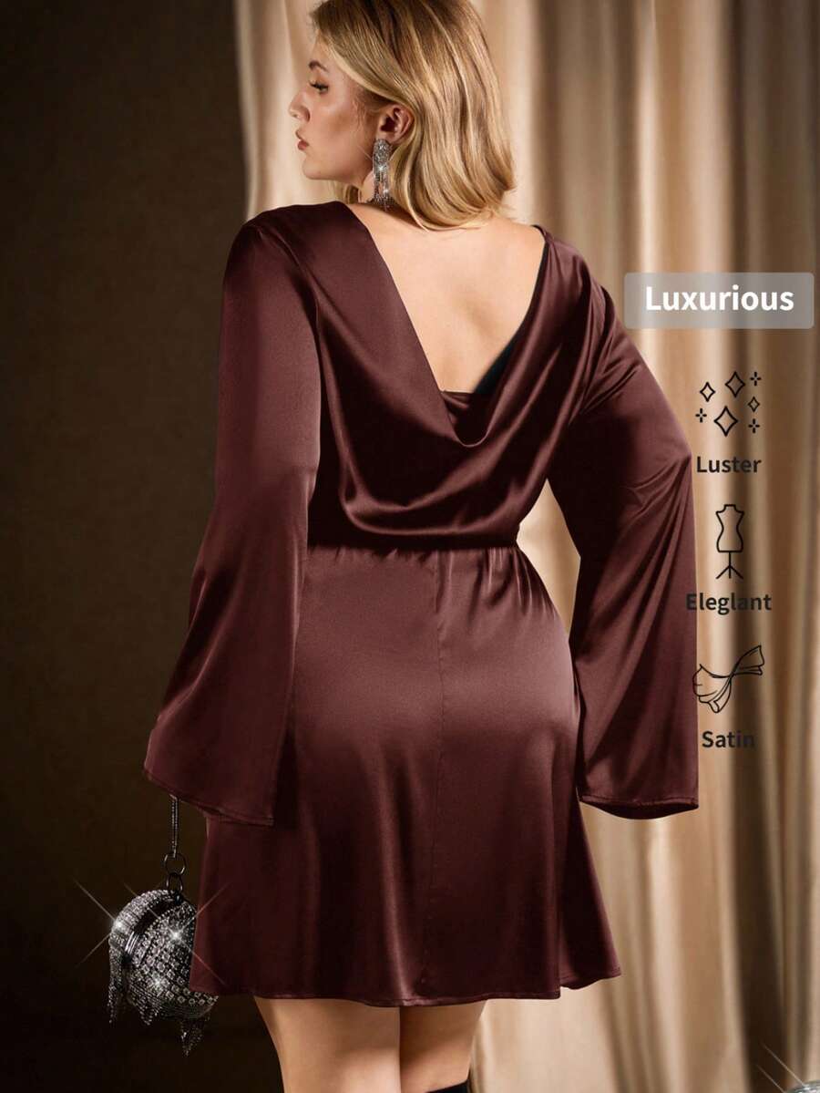 Auralis Backless Plunging Neck Flare Sleeve Cropped A-Line Mini Satin Party/Birthday Date Dress Elegant Sexy Draped Neck Concert Plus Size Maxi Dress Office Lady Chic Midi Dress Luxury Dress For Women Long Sleeve Elegant Dress Satin Dress Elegant - Coffee Brown - View 1