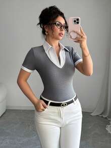 Elenzga 女士优雅复古风二合一商务休闲T恤，适合办公室和返校季穿着 - 深灰色 - 查看 3