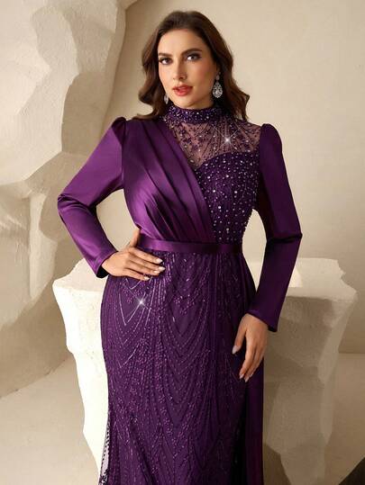 Coutiva Plus Size Elegant Långärmad Broderad Patchwork Satinfåll Sjöjungfrukjol Med Sidodraperande Design Lämplig För Bröllop Brudens Mor Aftonklänning, Bröllopsgästklänning, Formell Middagsklänning