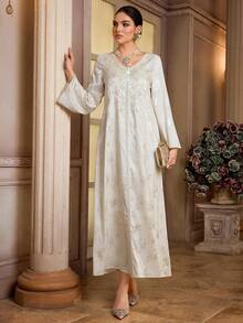 Al Najma Women's Floral Beaded V-Neck Long Sleeve Elegant Arabic Dress - Multicolor - View 5