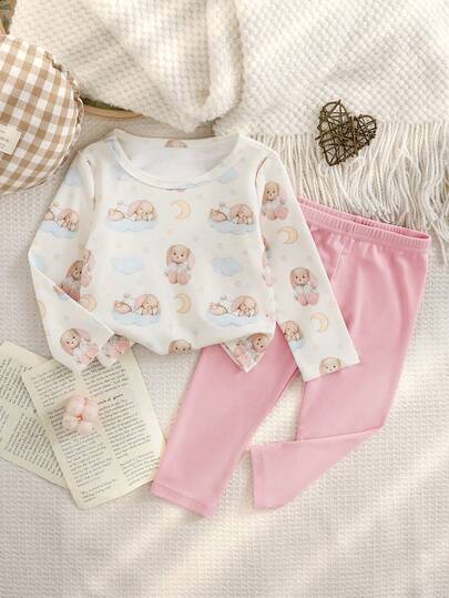 SHEIN Babyflickor Casual Bekvämt Tecknat Tryck Långärmad Stickad Topp + Åtsittande Kontrastfärgad Elastisk Stickad T-shirt Med Byxor, Lämplig För Vardagsbruk, Höst/Vinter