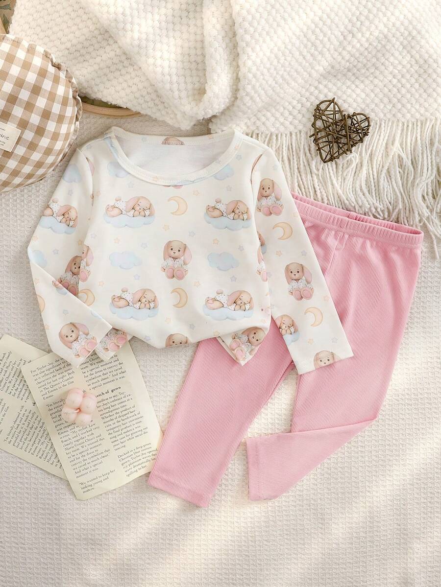 SHEIN 女婴休闲舒适卡通印花针织长袖上衣+修身撞色弹力针织裤T恤套装，适合日常穿着，秋冬季 - 粉色 - 查看 1