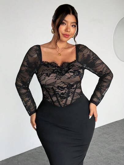 Firerie Plus Size Women's New Casual Elegant Bodycon Lace Patchwork Dress, Black Dress, Alluring Dress, Suitable For Parties, Dates, Romantic Nights, Galas, Mermaid Dress Long Sleeve Elegant Dress Plus Elegant Dress Curvy Dresses Curve Elegant Dress Sexy Elegant Dress Spring Outfit Women Spring Dress For Women