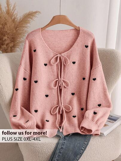 CosyJoli Women Plus Size Heart Decor Cardigan, French Elegant Fashion Knitted Sweater Jacket For Autumn/Winter,Fall Clothes For Women