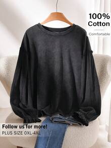 CosyJoli Women's Plus Size Knitted Round Neck Washed Black Drop Shoulder Long Sleeve Regular T-Shirt - Black - View 1