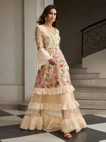 ZEYLAH 女士时尚玫瑰刺绣连衣裙 - 杏色 - 查看 6