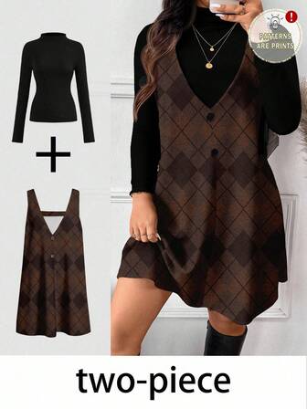 SHEIN Frenchy Casual 2pcs/Set Plus Size Geometric Pattern Sleeveless Dress And Turtleneck Long Sleeve Top, Suitable For Autumn/Winter