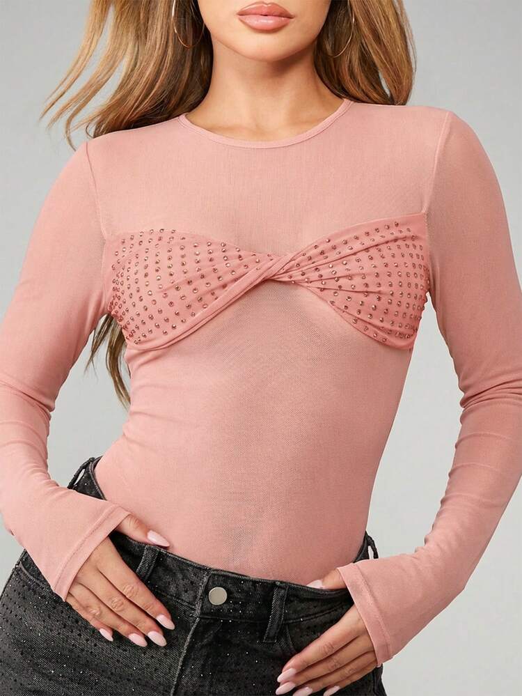 MISSGUIDED Hot Fix Studded Twist Front Panel Bodysuit Long Sleeve Crew Neck Form Fitting Base Layer Top