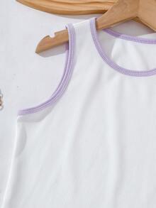 SHEIN Explorewe 2pcs/Set Tween Girls White Tank Top And Khaki Pants, Casual Style - Purple - View 3