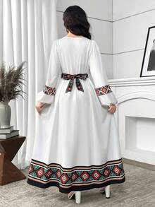 SHEIN 少女方领长袖休闲印花梭织连衣裙 - 白色 - 查看 5