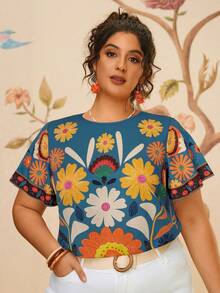 Travachic 大码女式热带印花宽松休闲短袖衬衫 - 彩色 - 查看 1