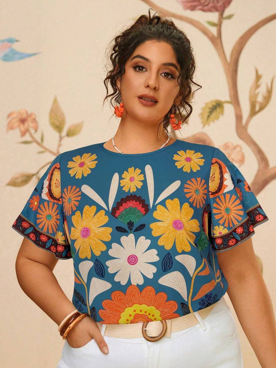 Travachic 大码女式热带印花宽松休闲短袖衬衫 - 彩色 - 查看 1