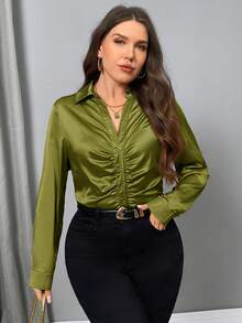 Firerie 大码优雅纯色褶皱设计衬衫，派对服饰 - 綠色 - 查看 6