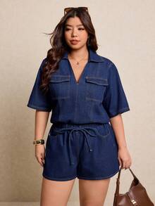 Elaquor 大码女式牛仔翻领短袖工装口袋衬衫和牛仔短裤休闲两件套 - 深色水洗藍 - 查看 4