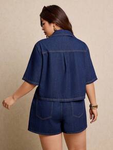 Elaquor 大码女式牛仔翻领短袖工装口袋衬衫和牛仔短裤休闲两件套 - 深色水洗藍 - 查看 5