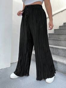 SHEIN EZwear Pantalones de pierna ancha de cintura con cordón plisado - Negro - Ver 10