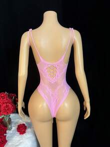 ChaseTheNight Plus Size Women's Sexy Hollow Out Mesh Sleeveless Bodysuit - Pink - View 2