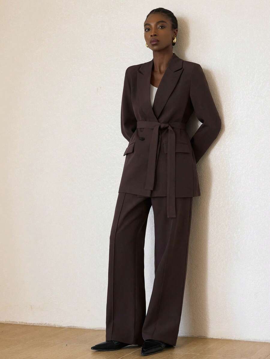 Aveloria Modichic Women's Lapel Collar Loose Long Sleeve Blazer And Wide Leg Pants Suit Set - Coffee Brown - View 1