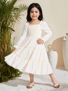 Elladie kids Girls' Solid Color Square Neck Puff Sleeve Shirred Waist Ruffled Hem French Style Sweet Midi Dress - Apricot - View 9