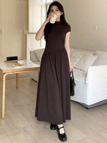Teen Girl Brown Knit Round Neck Short Sleeve Casual Fitted A-Line Dress Brown Dress Simple Dress Long Dress Elegant Dress Women Dress - Brown - View 4