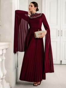 Elenzga 女士优雅浪漫精致奢华派对/聚会雪纺飘逸主教袖立领褶裥腰身连衣裙 - 酒紅色 - 查看 6