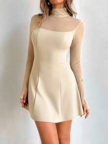 Aloruh Women's Elegant Mock Neck Fitted Sheer Waist A-Line Mini Dress, Burgundy - Apricot - View 4