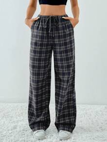 SHEIN Tall Plaid Printed Drawstring Waistband Slanted Pocket Loose Casual Wide Leg Pants - Navy Blue - View 1