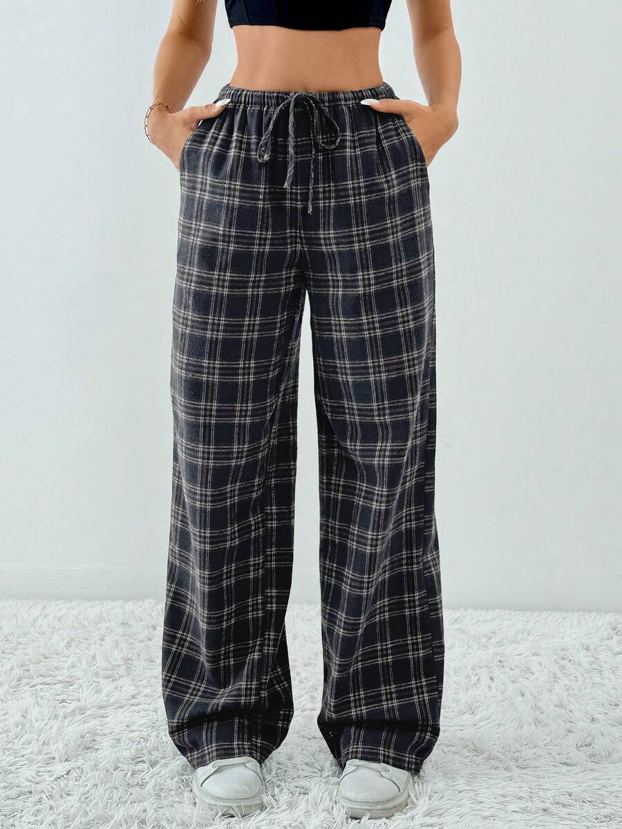 SHEIN Tall Plaid Printed Drawstring Waistband Slanted Pocket Loose Casual Wide Leg Pants - Navy Blue - View 1