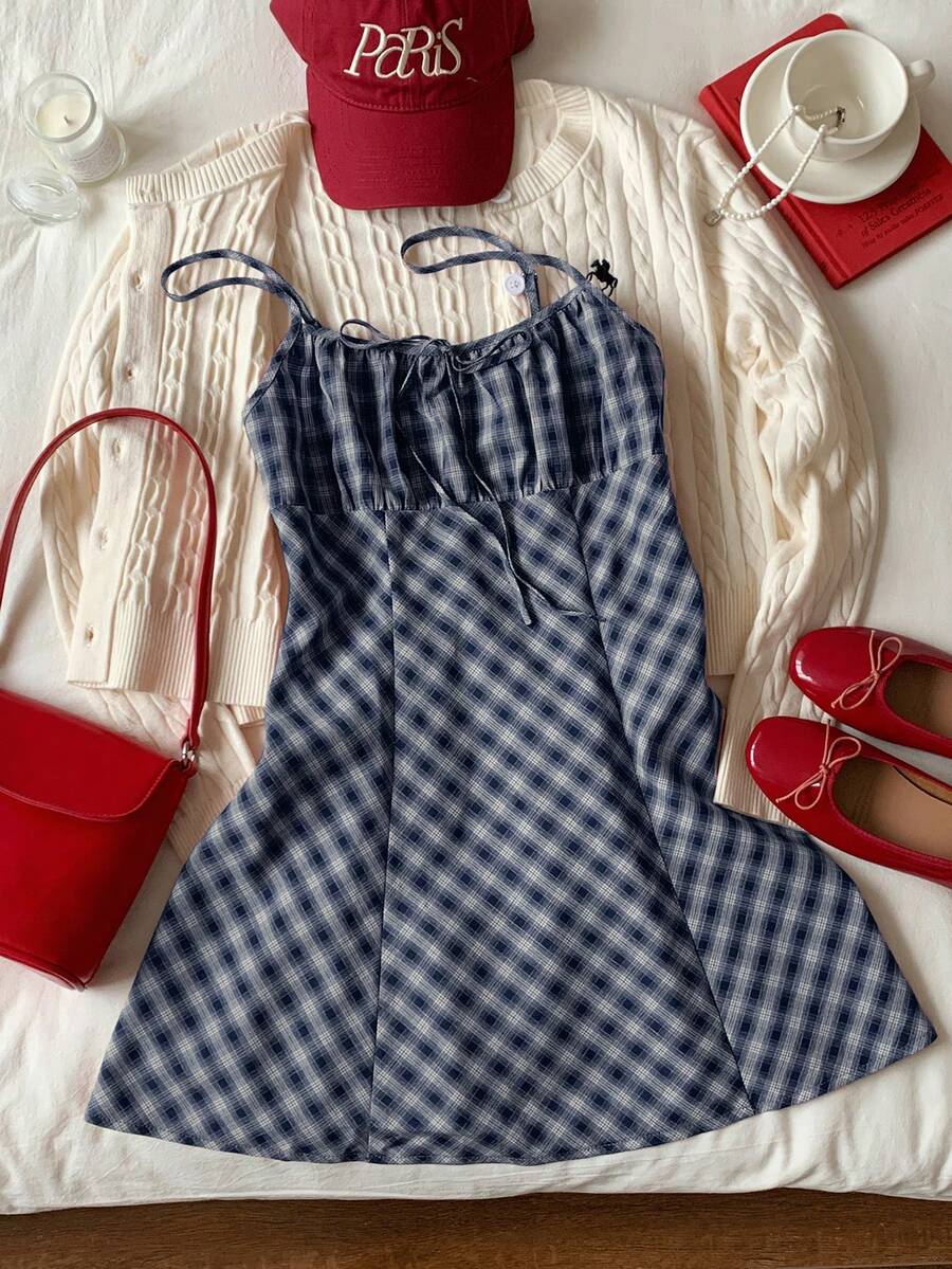 Comfortcana Fashionable Sexy Navy Blue Plaid Mini Dress, Suitable For Women In Spring, Essential For Christmas And New Year, Elegant And Versatile Checkered Dress Picnic Outfit Women Preppy Dress Picnic Dress Blue Gingham Dress
