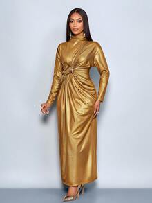 SOLERSUN Váy dự tiệc thu/đông cho nữ, vải dệt kim bóng, kim sa vàng, cổ cao, cổ đứng, tay áo trễ vai, tay dài, nút kim loại, trang trí, xếp nếp, khóa kéo sau, viền rộng, váy maxi - Vàng - Xem 3