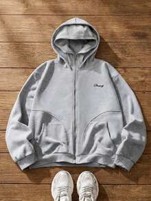SWAVVY Men's Letter Print Long Sleeve Zip Front Casual Hoodie Grey Hoodie Men Men S Street Wear Zip Up - Light Grey - View 3