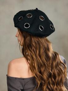 ROMWE Grunge Punk 1pc Punk Style Metal Ring Beret Hat, Spcial Designal Hat, Suitable For Daily Wear And Parties, All Seasons