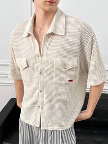 Manfinity BRENVOR Men's Solid Color Drop Shoulder Short Sleeve Front Button Hollow Out Jacquard Knit Shirt - Beige - View 4