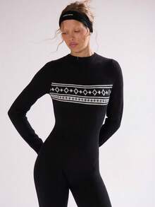 MUSERA Argyle Stripe Fitted Long Sleeve Knitted Sweater Jumpsuit Catsuit Autumn Fall Winter Ski Vacation  Lounge Holidays New Year Thanksgiving - Black - View 7