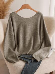 CosyJoli Sweater Rajut Wanita Ukuran Besar dengan Pita di Belakang, Pullover Serbaguna yang Modis & Nyaman untuk Musim Gugur/Dingin - Khaki - View 2