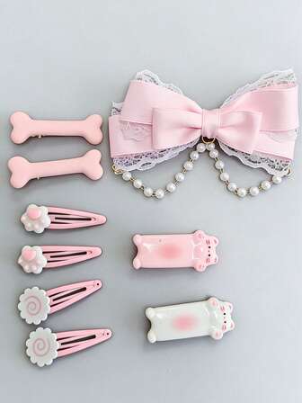 Kawaii 9 stili casuali di fermagli per capelli carini, artigli di gatto, fiocchi, torte di pesce, ossa, combinazioni di fermagli per capelli a forma di gatto, accessori per capelli in acrilico rosa Lolita multipli, adatti per uso quotidiano e appuntamenti.