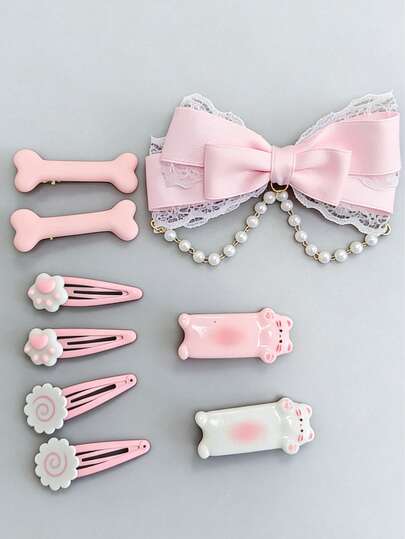 Kawaii 9 Random Styles Of Cute Hairpins, Cat Claws, Bows, Fish Cakes, Bones, Cat Hairpin Combinations, Multiple Pink Lolita Acrylic Hair Accessories, Suitable For Daily Wear And Dating.